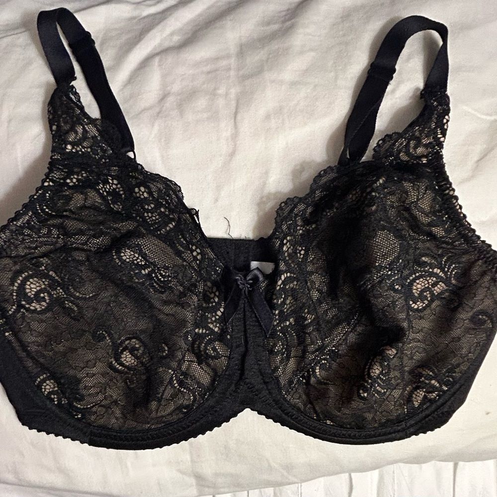 Lunaire 127-11 Sensuous Lace Bra Sheer Lined Underwire Womens 36DD Black
